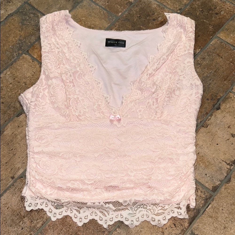 White Fox Boutique Pink Lace Tank Top